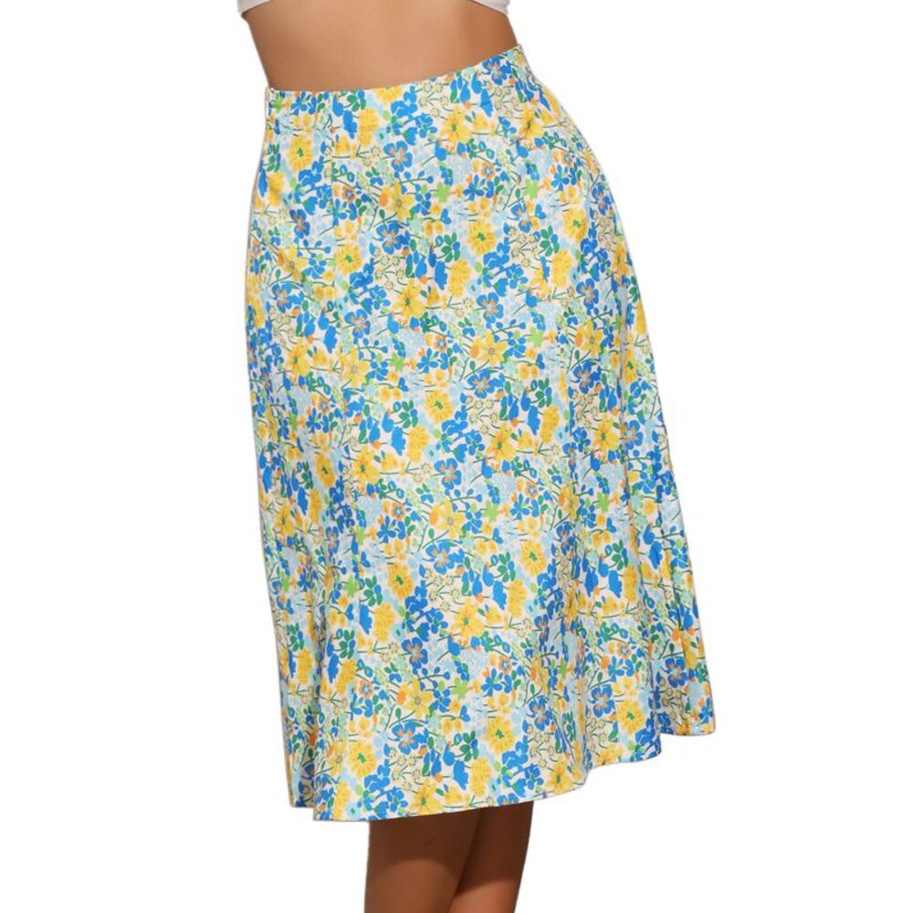 Floral Peasant Elastic Waist A-Line Leave Print Midi Skirt Summer Flower